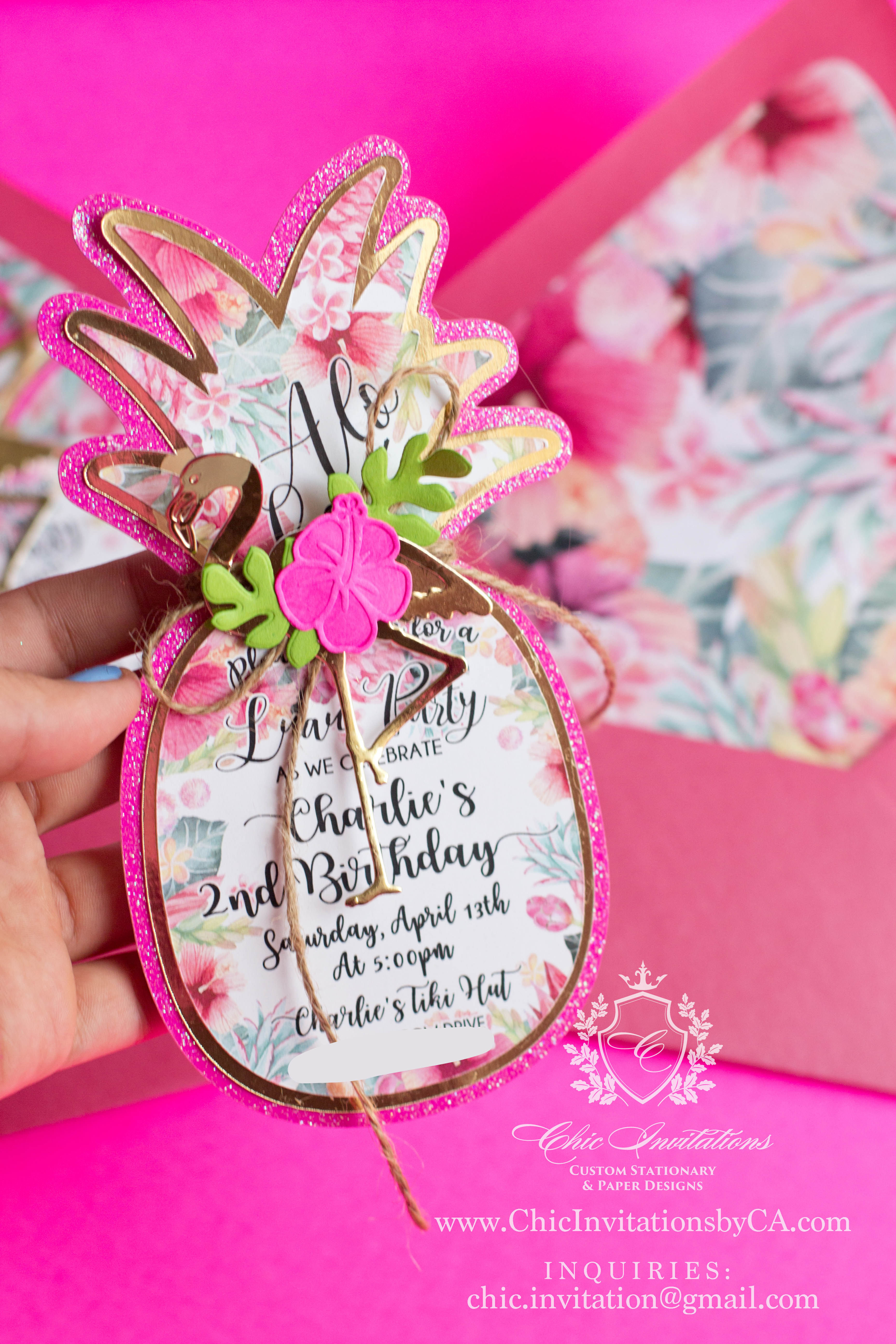 Pineapple Invitation, Flamingo Invitation, Luau Invitation, 3D pinneapple