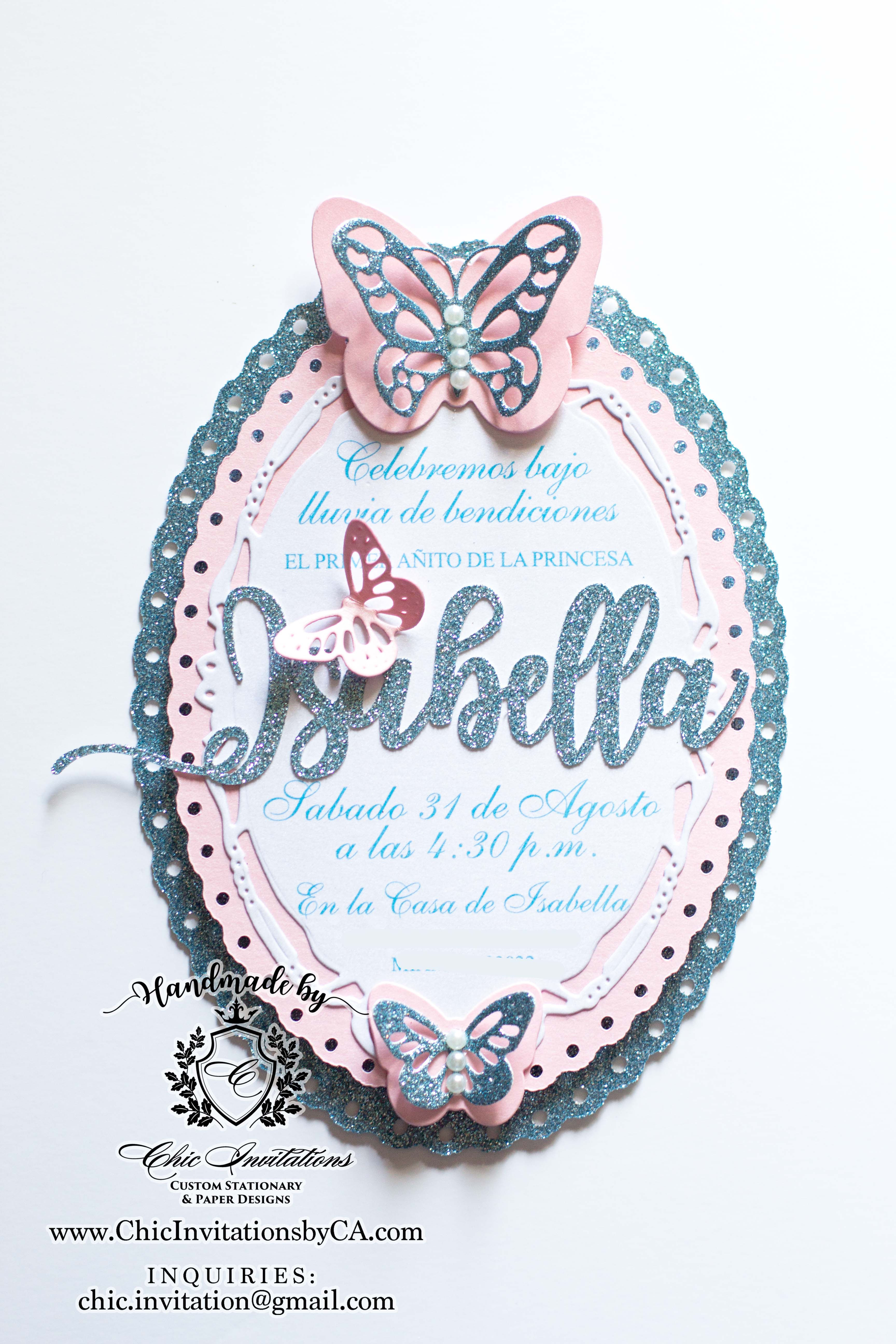 Butterfly handmade invitation, baby shower invitation, birthday girl invitation
