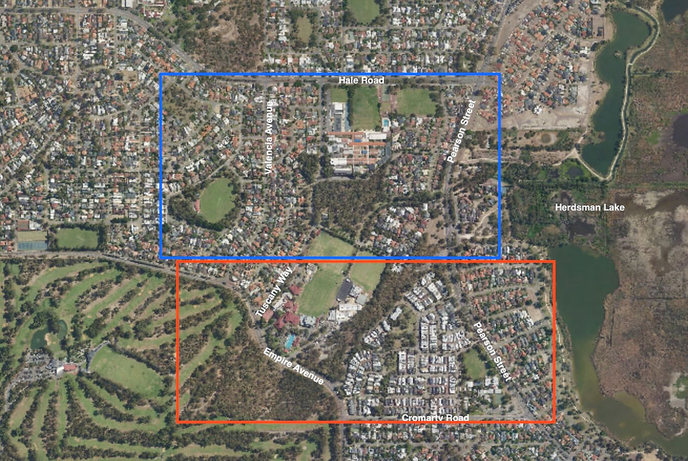 Indicative boundaries on a 2025 map of Churchlands of the original Swan Location ‘Ao’ granted to the Hokin family (blue) and ‘An’ granted to Henry Trigg (orange) - based on historic maps from the City of Stirling Art and History Collection.