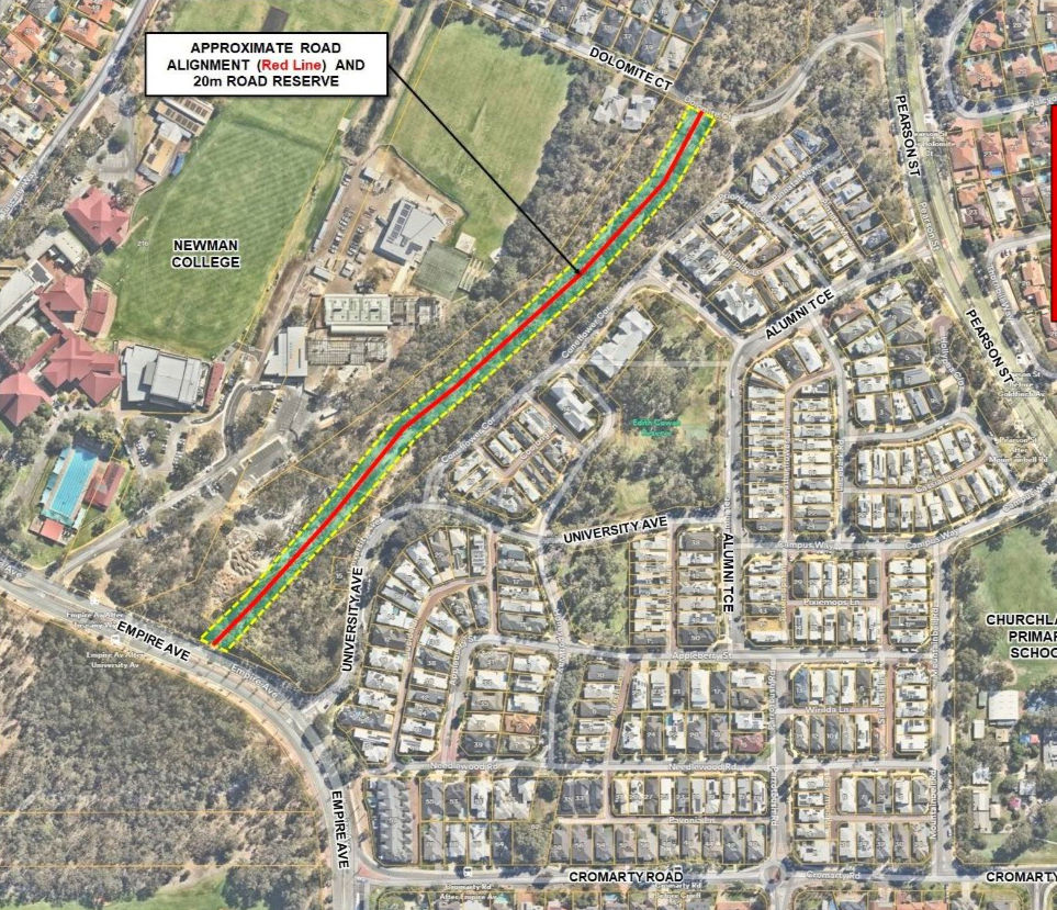 Approximate road alignment and extent of 20m road reserve for a Local Connector Road. Map credit: City of Stirling