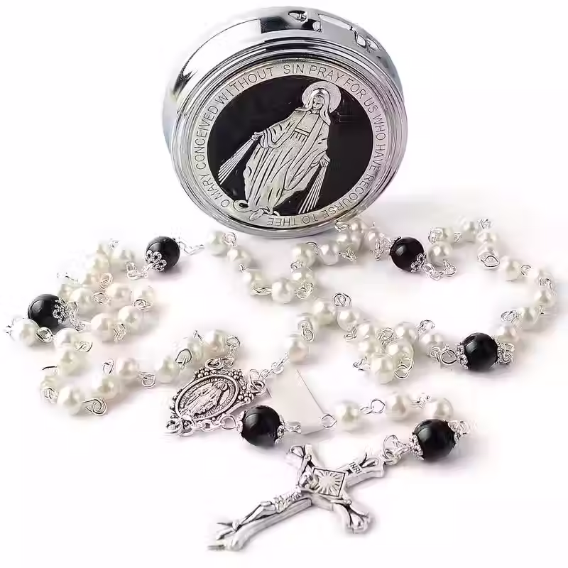 Thumbnail: Elegant Black and White Crucifix Rosary with Case