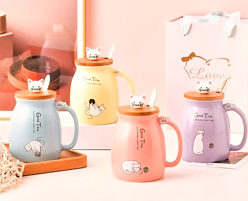 Cute Cat Ceramic Coffee Mug with Kitty Lid and Spoon