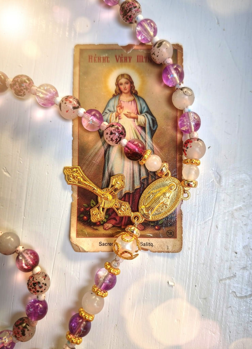 Thumbnail: Purple and Gold Glass bead Catholic Rosary 