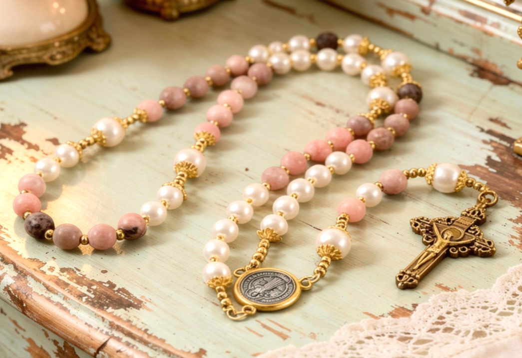 Handmade Natural Stone Beads Rosary Cross Necklace, Classic Vintage Religious G