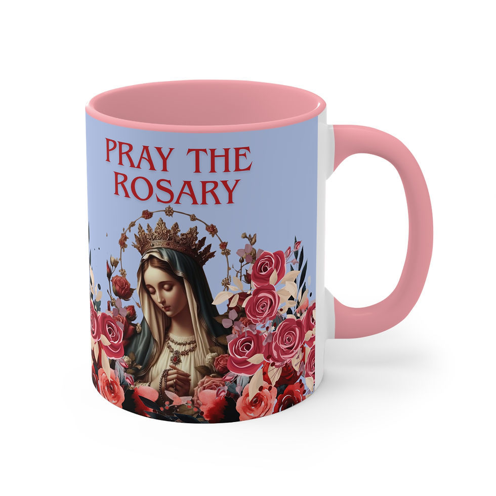 Thumbnail: Pray the Rosary Floral Accent Mug — Virgin Mary Prayer Coffee Cup