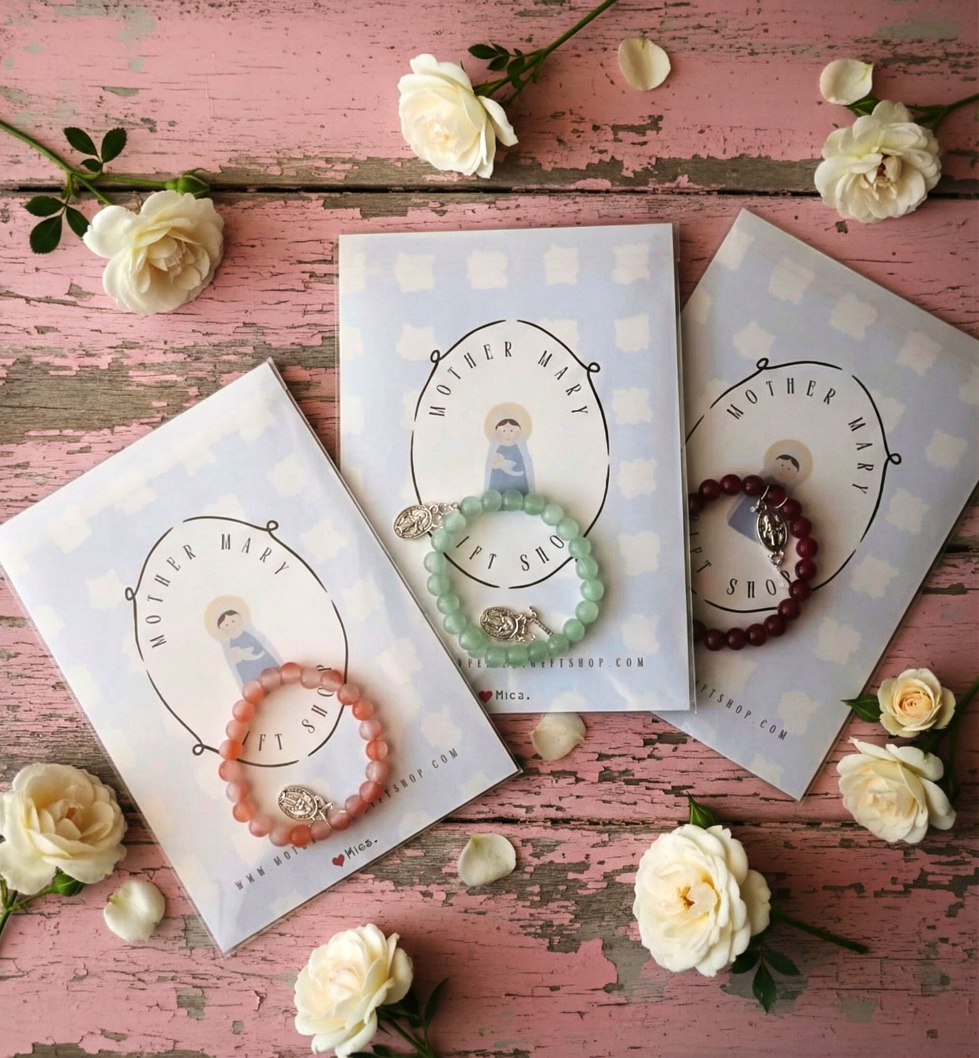Unique Stone Beaded bracelets with Miraculous medal and crucifix 