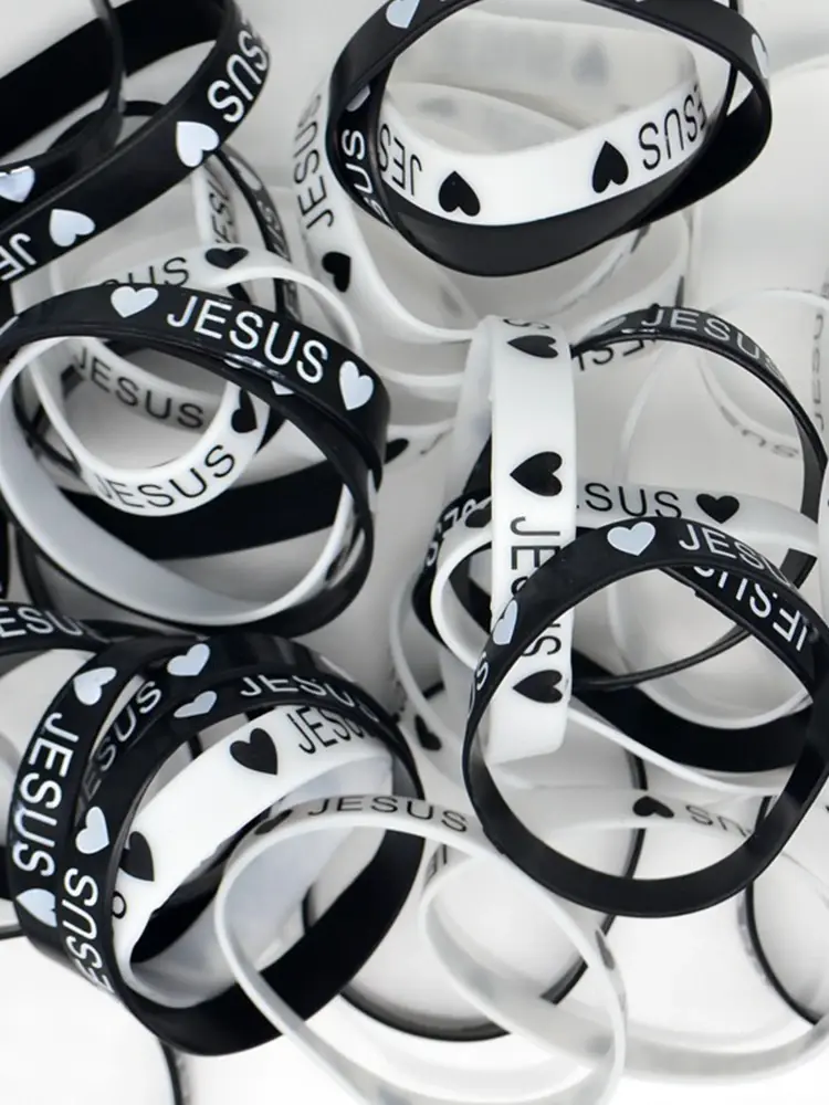 12x Black White Heart JESUS Silicone Bracelet