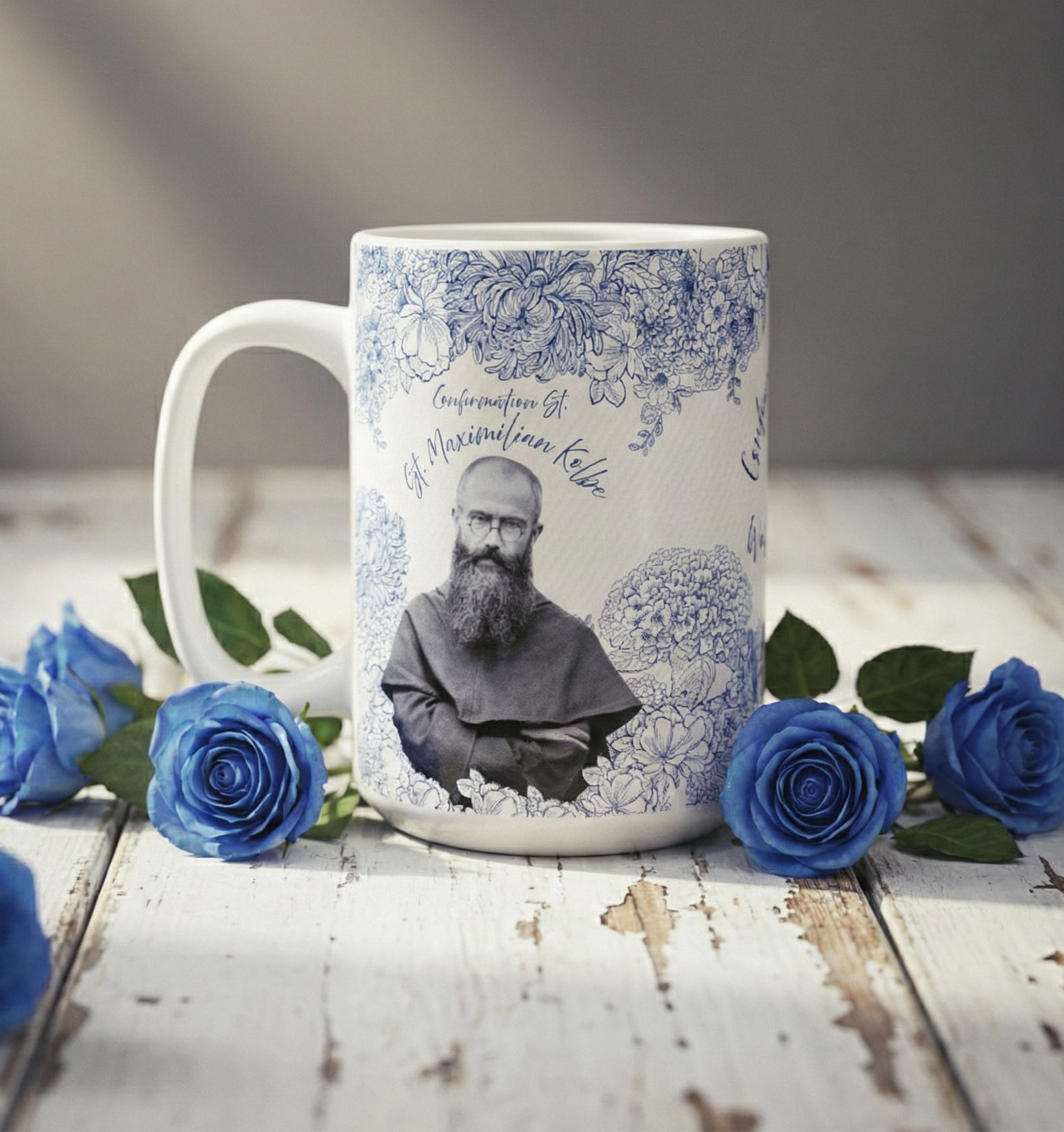Personalized Confirmation Floral 15oz Mug — Personalized Blue Botanical