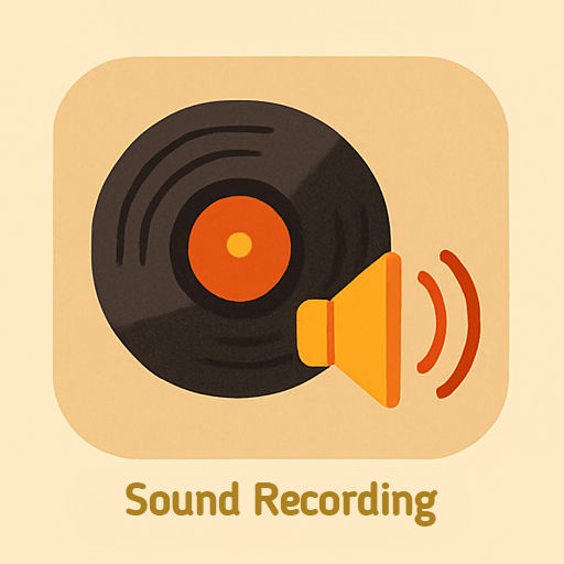 A vinyl record and speaker icon with sound waves on a beige background, labeled "Sound Recording" in brown text, creating a retro vibe.