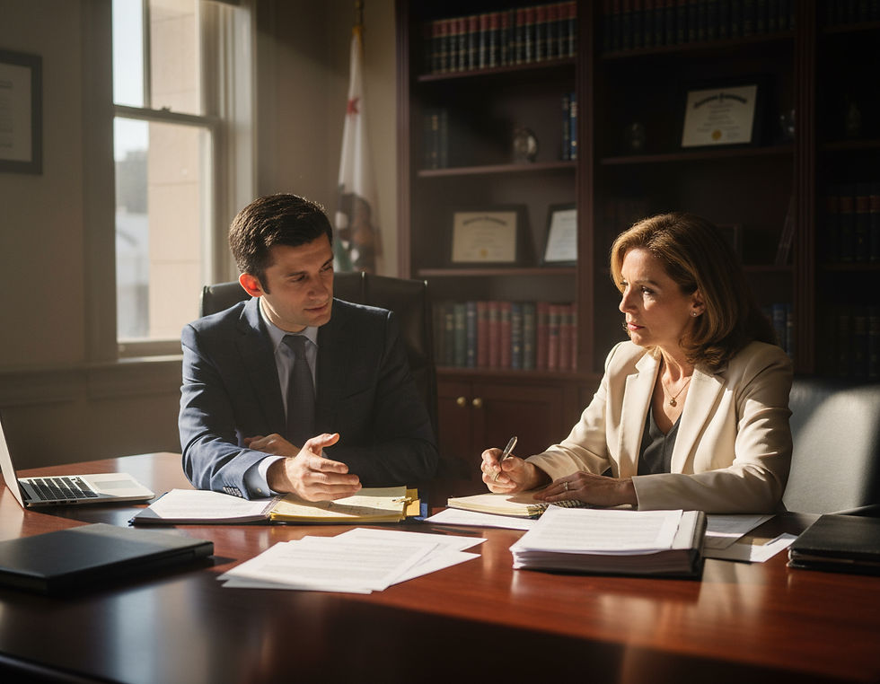 A California attorney coaching a client on what to expect during a deposition, illustrating the discovery process in civil litigation.