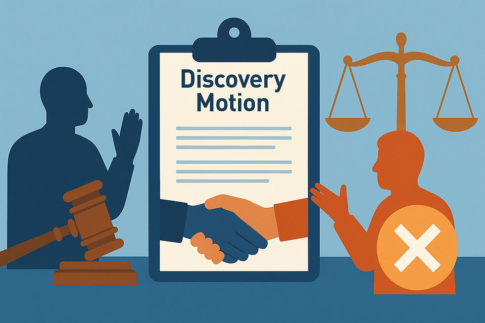 Flat-style illustration of a Discovery Motion in U. S. civil litigation, featuring legal documents, scales of justice, gavel, and disputing parties - symbolizing the process of resolving evidence disputes in court.