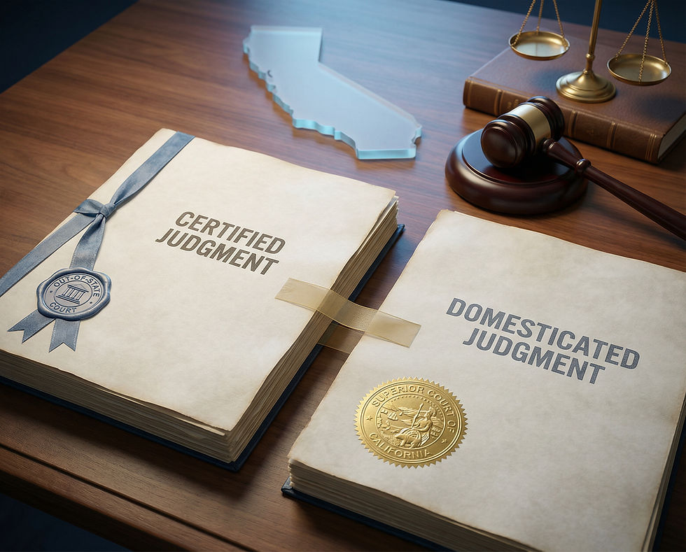“A premium legal visual illustrating how an out-of-state judgment is domesticated and enforced in California, designed for professional law firm educational content.”