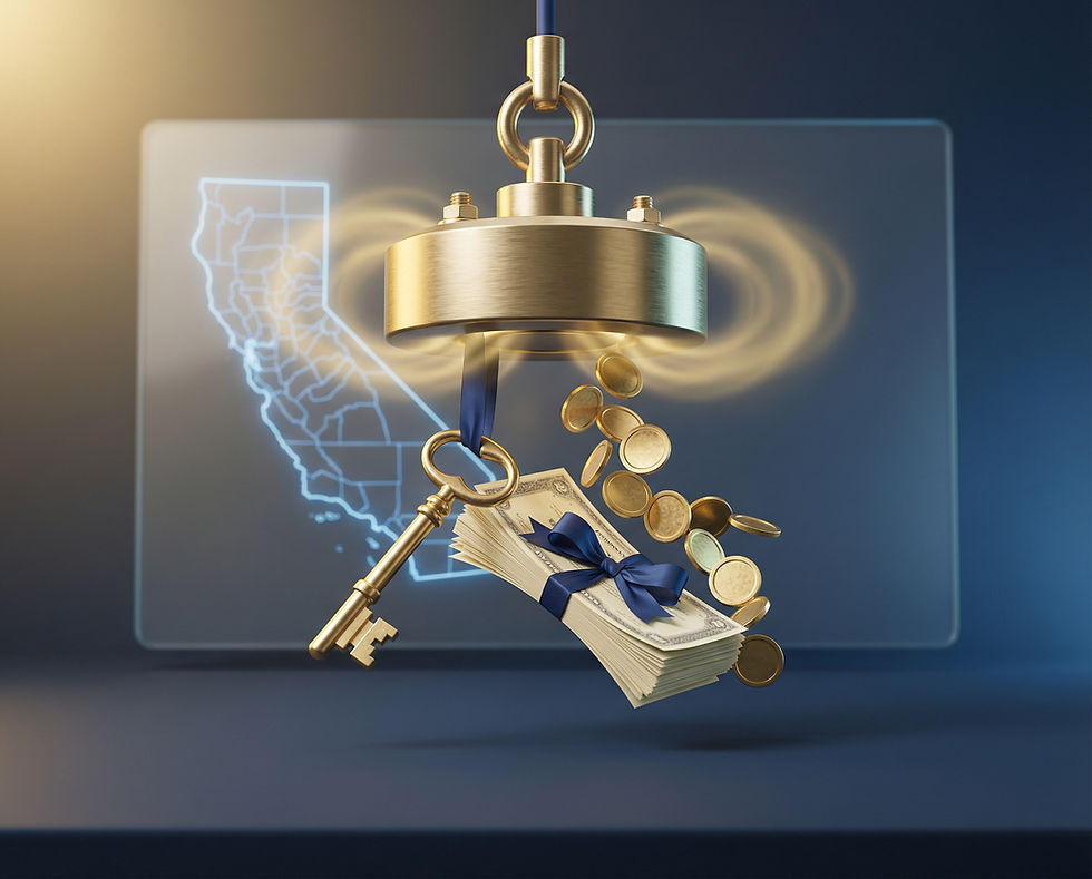 3D illustration of a golden magnet recovering coins and legal documents over a California glass panel.