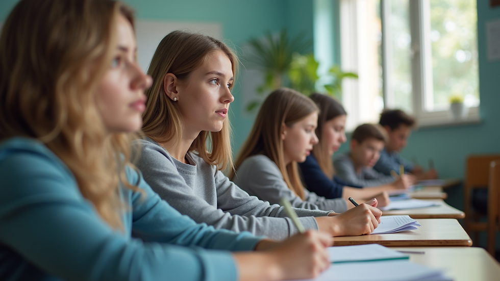 Eye-level view of a classroom with diverse students engaged in learning