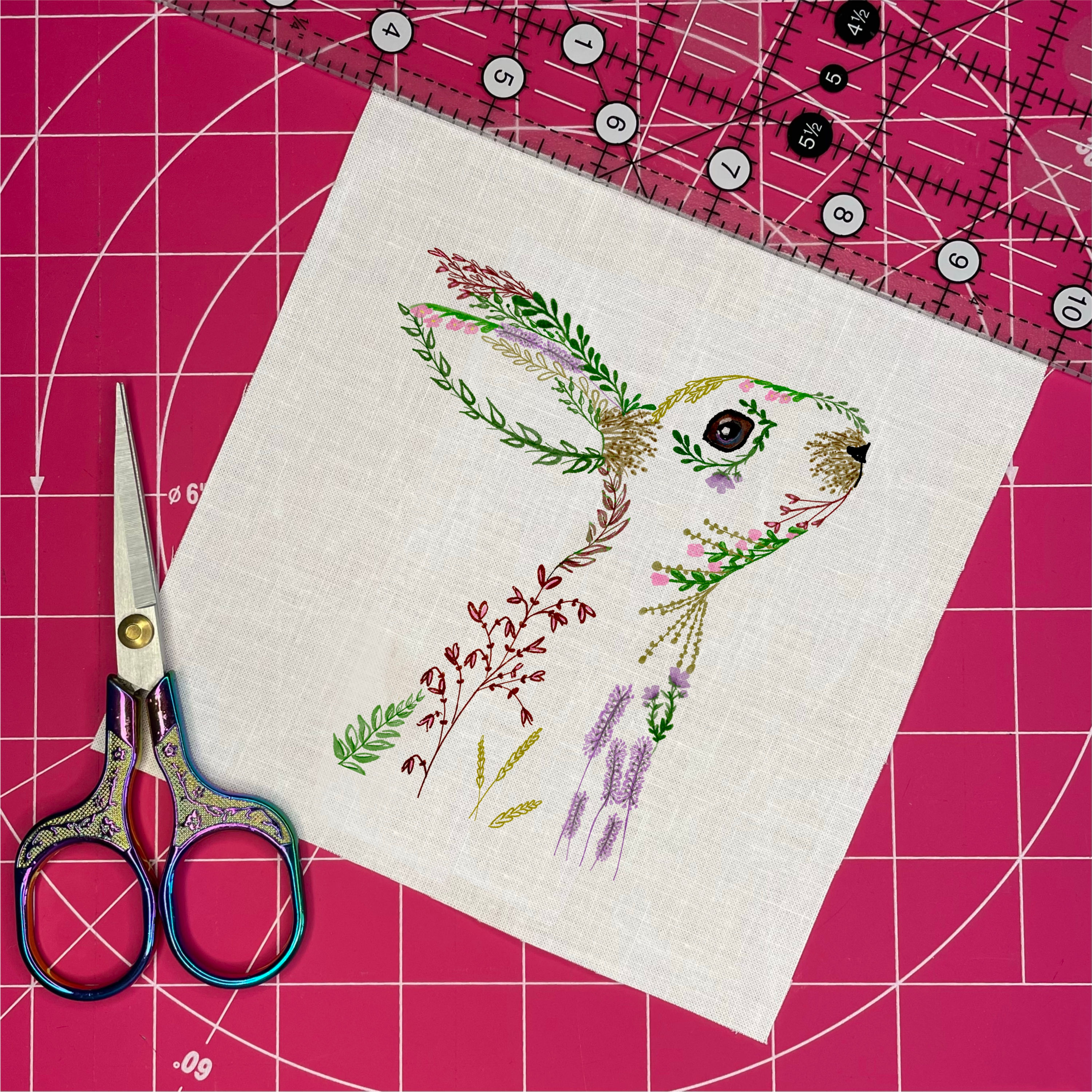 Floral Hare 6"Fabric Square