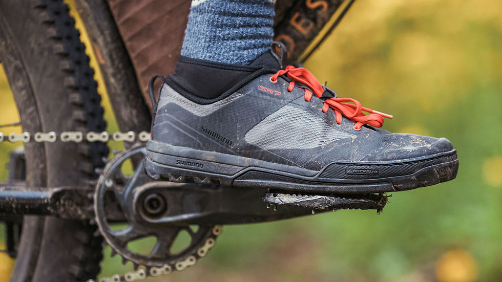 A close-up of a mountain bike shoe on a flat pedal