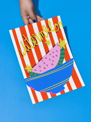 Colorful watermelon print with striped background and stars.