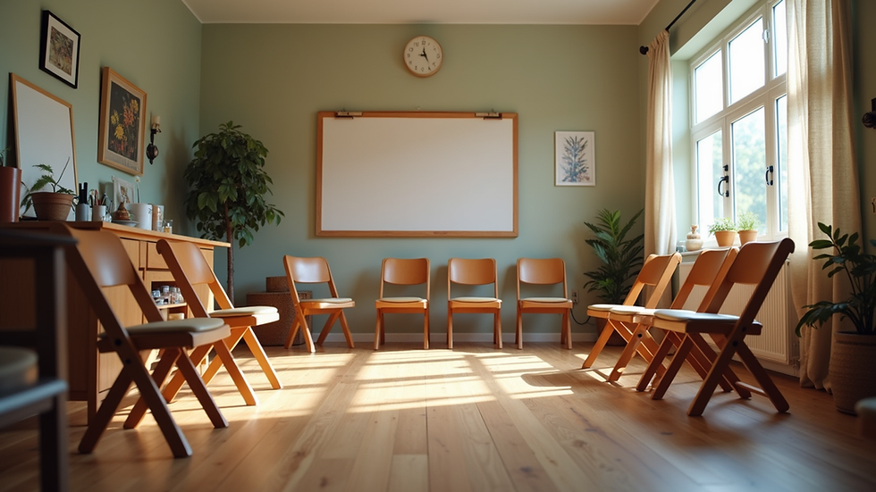 Eye-level view of a cozy community room with art supplies and chairs arranged in a circle