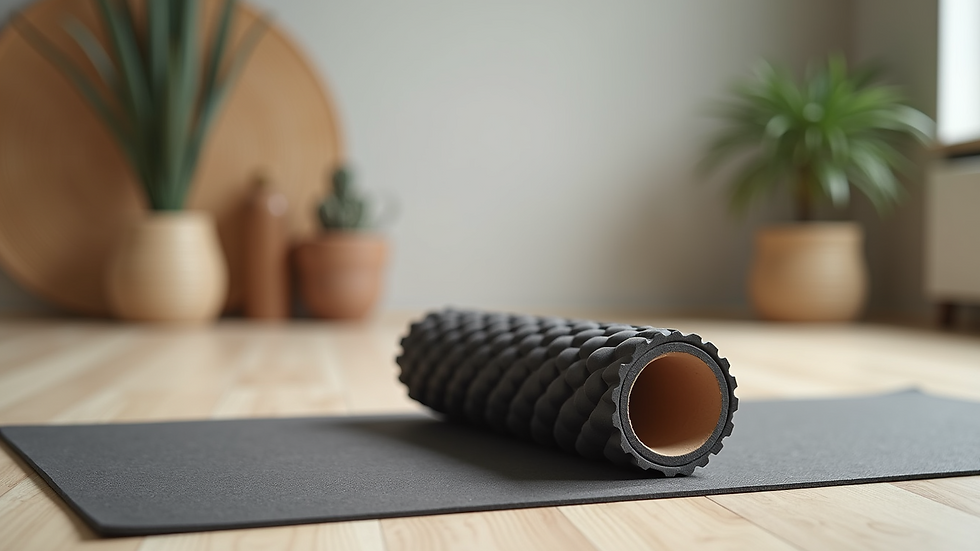 Close-up view of a foam roller on a yoga mat