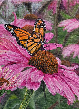 Monarch butterfly rests on a pink flower LeslieCartwrightArt. Vibrant summer garden scene