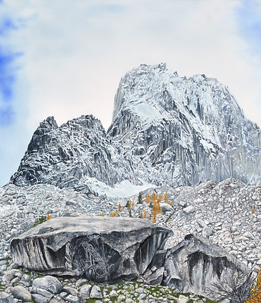 Snowy mountain landscape with large rock formations and blue sky background. LeslieCartwrightArt
