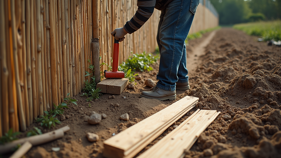 High angle view of fencing installation in progress with tools and materials