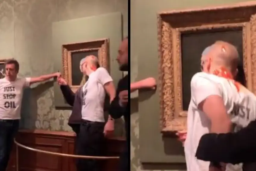 Ativistas do clima colaram a cabeça na famosa pintura "Garota com Brinco de Pérola" em um museu em Haia. 27/10/2022 