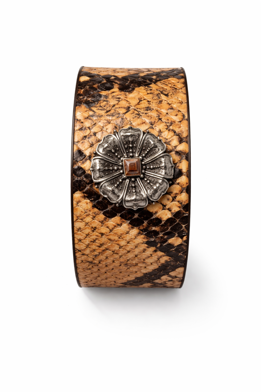 Snakeskin Bracelet with Silvertone Concho with Copper Chip