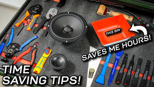 YouTube video thumbnail for time saving tips for a car audio shop, toolbox drawer with various organized tools