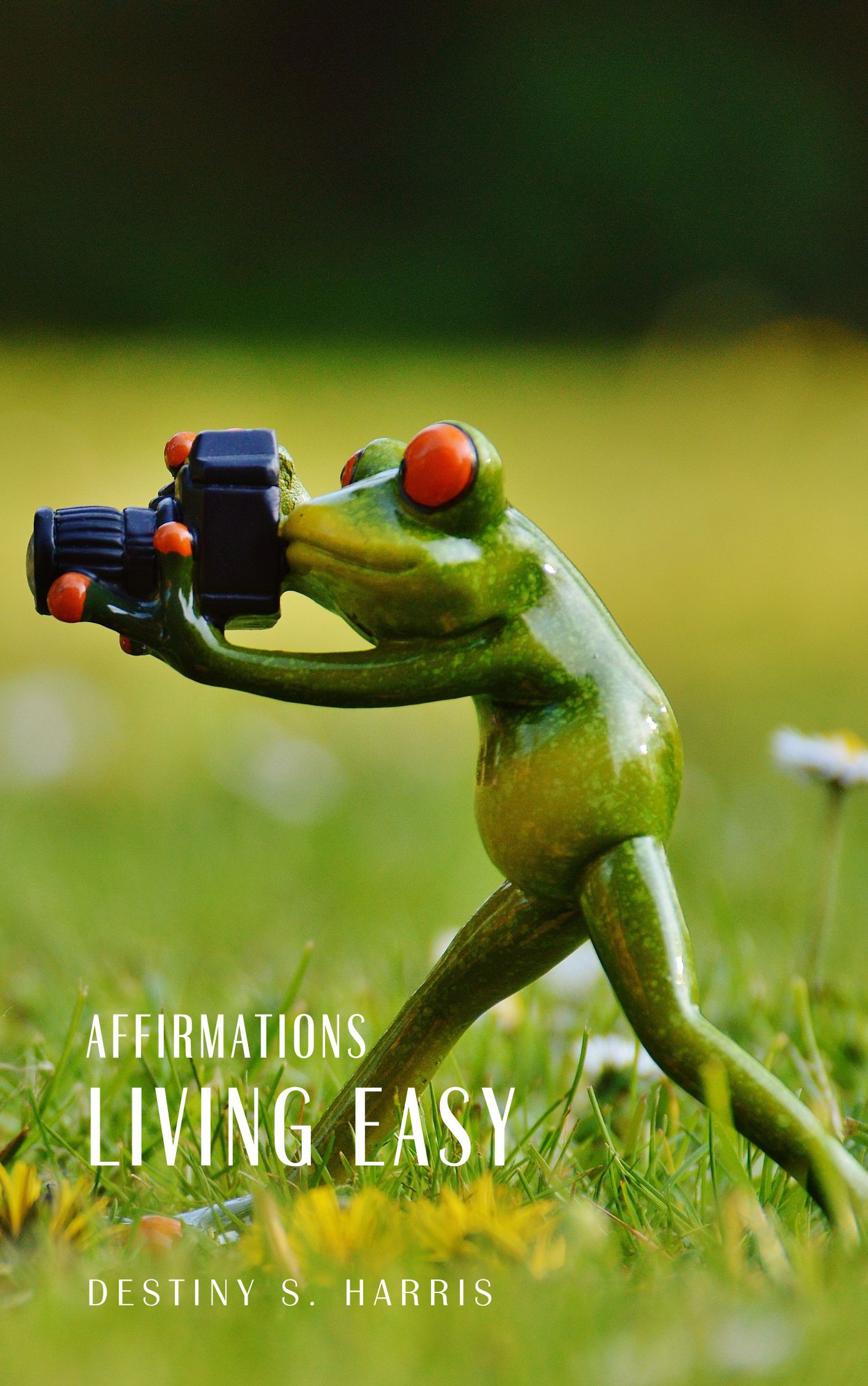 Book cover of "Affirmations: Living Easy" by Destiny S. Harris with a green frog holding a camera