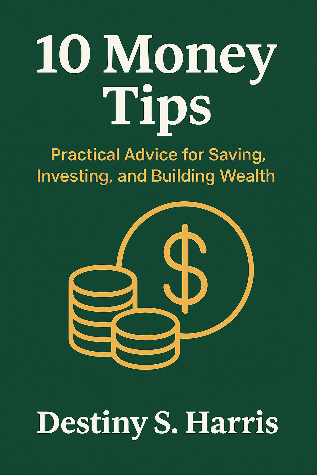 Book cover of "10 Money Tips" by Destiny S. Harris with gold coin and dollar symbol on green background
