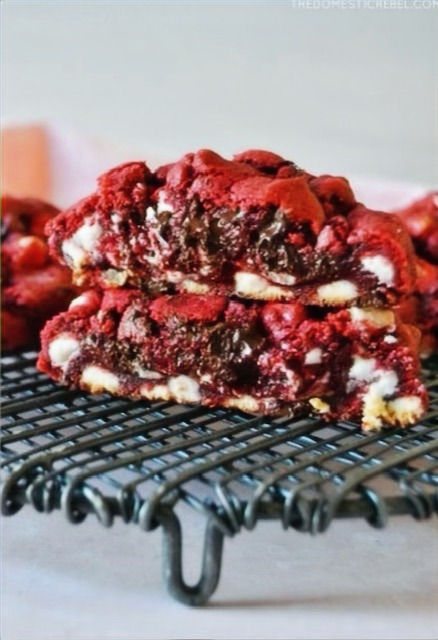 Thumbnail: inside of jumbo, New York style red velvet cookies with chocolate and white chips