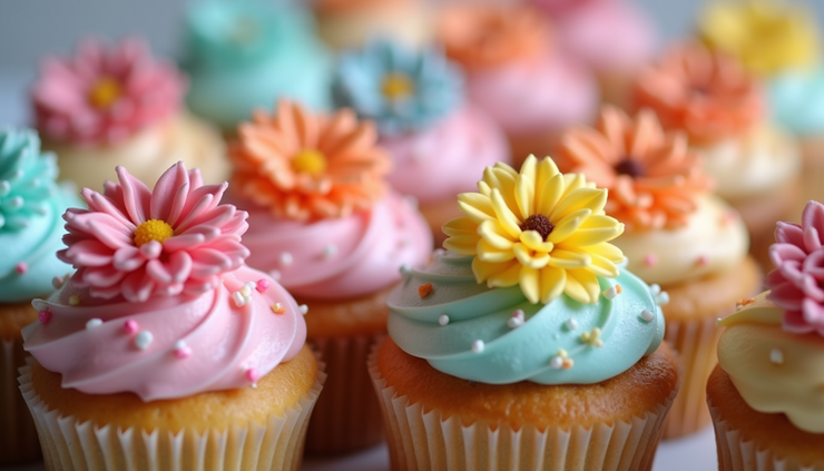 Close-up of themed cupcakes with colorful icing and edible decorations matching a garden party
