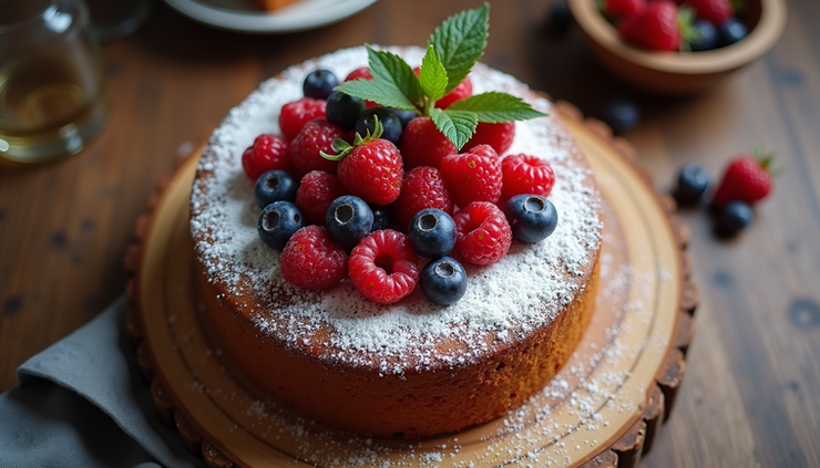 High angle view of a rustic-themed cake with fresh berries and wooden table setting