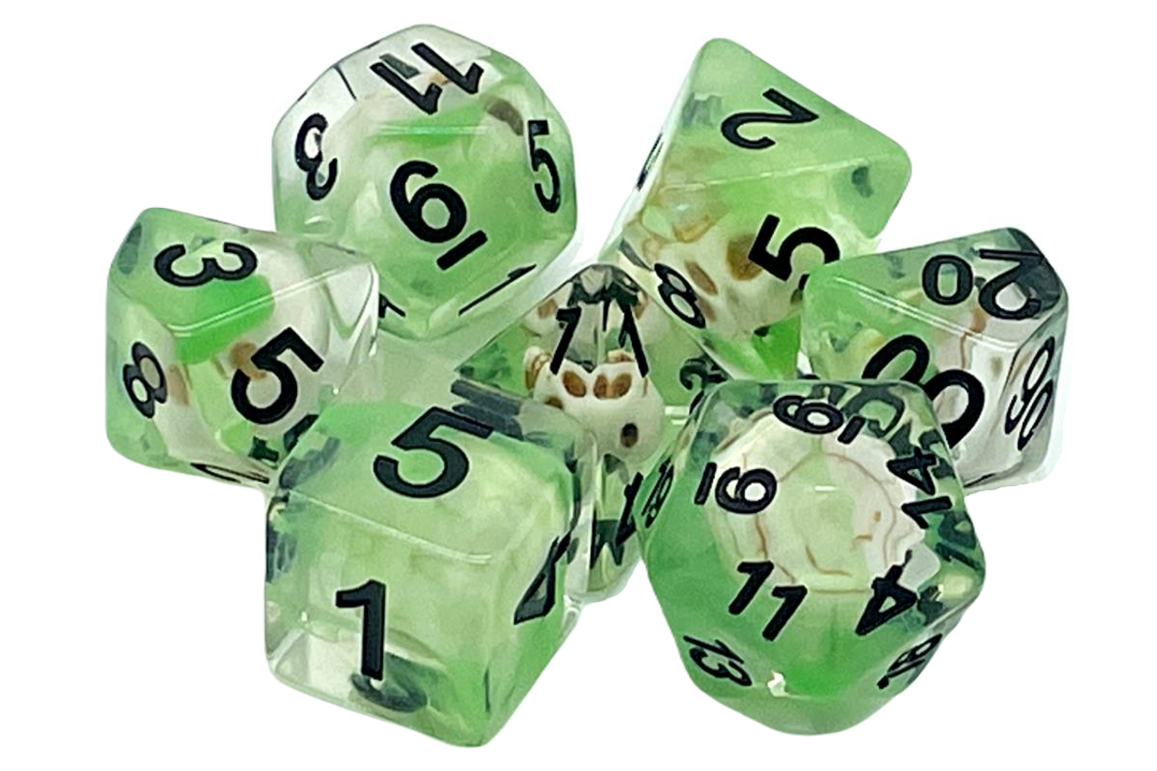 Old School 7 Piece DnD RPG Dice Set: Infused - Skull w/ Green