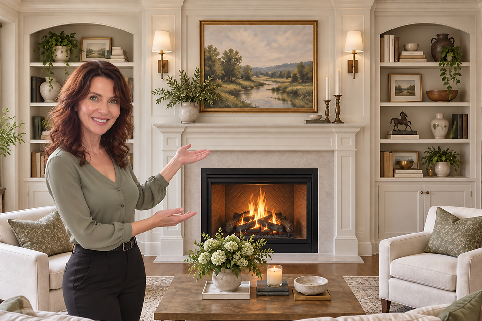 Trish Whitsell beside a centered fireplace with matching built-in bookcases.