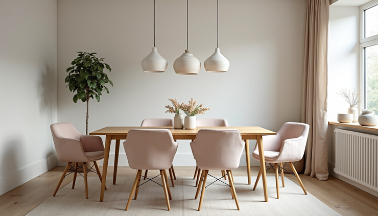 Close-up view of Scandinavian modern dining area with light wood table and pastel chairs