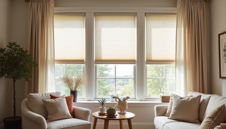 Eye-level view of a cozy living room with modern farmhouse plantation blinds and soft curtains