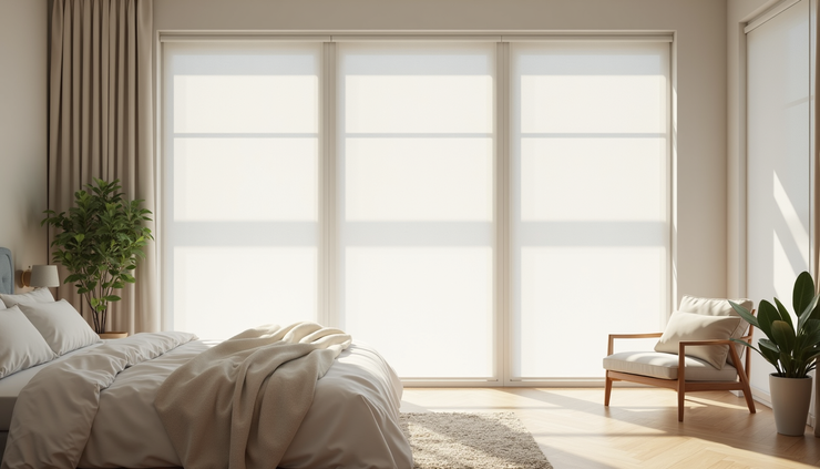 High angle view of a bright bedroom with minimalist motorized roller shades