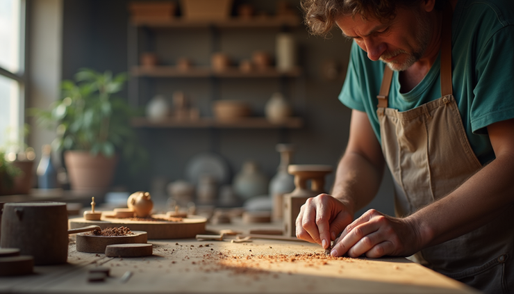 Close-up view of a local artisan crafting handmade goods in a workshop