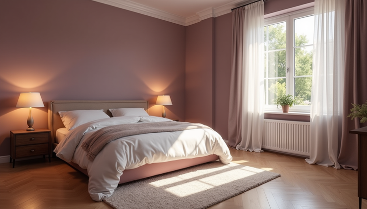 High angle view of a bedroom with medium hardwood floors and soft plum walls