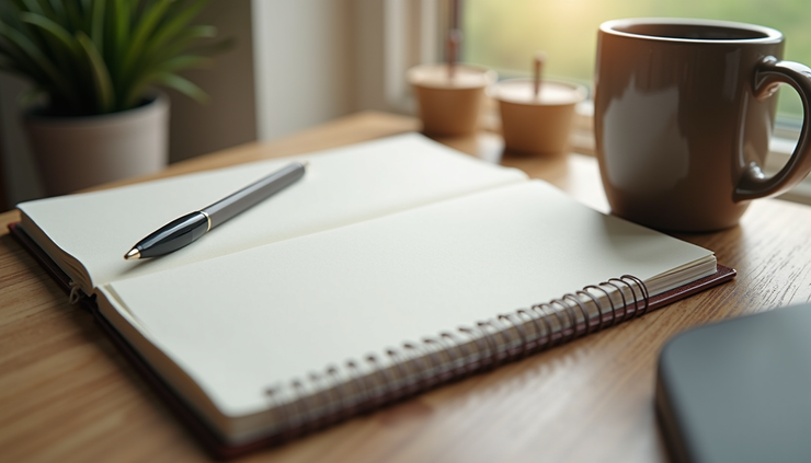 High angle view of a quiet home workspace with a notebook and coffee cup