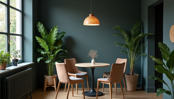 High angle view of a compact dining area with dark walls, light furniture, and green plants