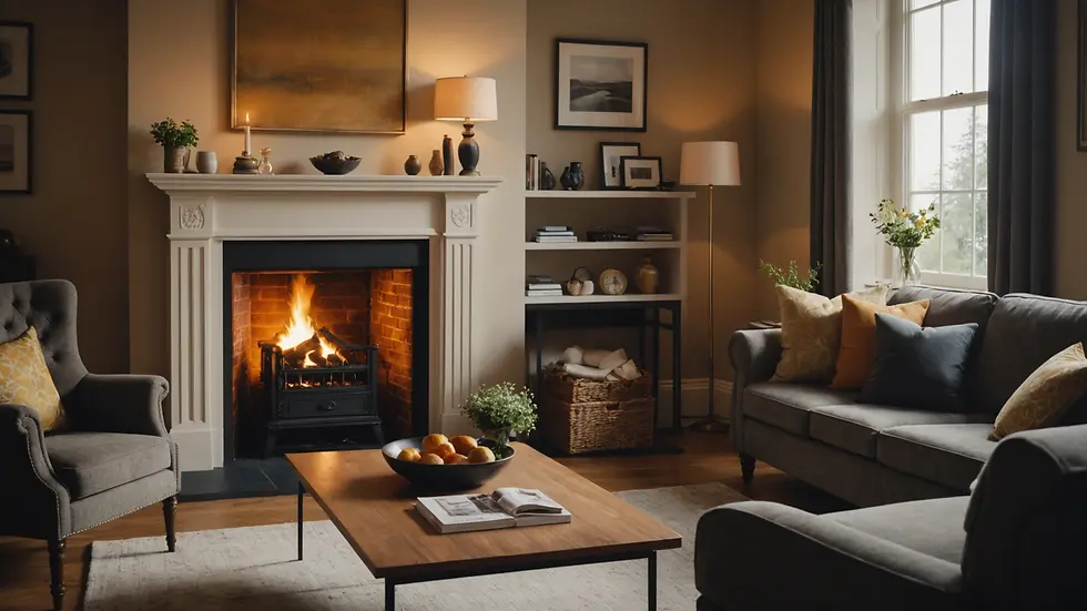 Close-up view of a beautifully lit living room showcasing a fireplace and window