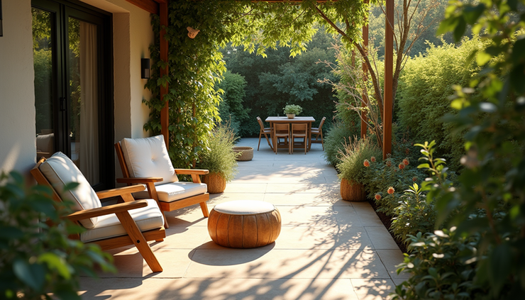 High angle view of a cozy outdoor patio with natural wood furniture and greenery