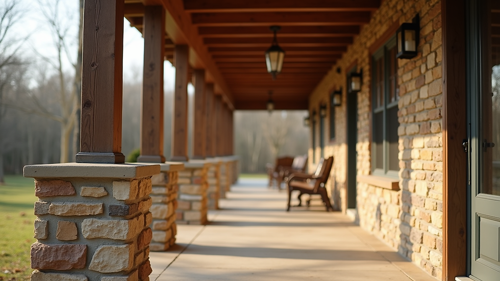 Close-up view of a NWA home porch with natural wood and stone details
