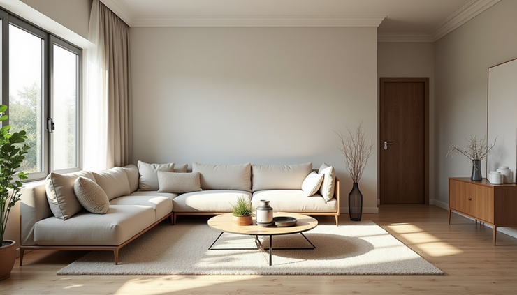 Eye-level view of a bright living room with natural light and modern furniture