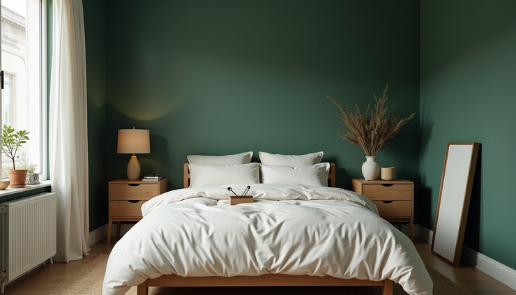 Close-up view of a small bedroom with dark green walls, light bedding, and natural wood furniture