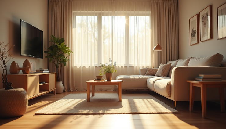 Eye-level view of a cozy living room with soft natural light