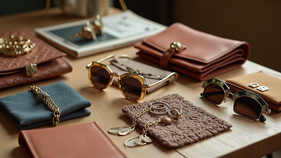 High angle view of a curated collection of fashion accessories on a wooden table